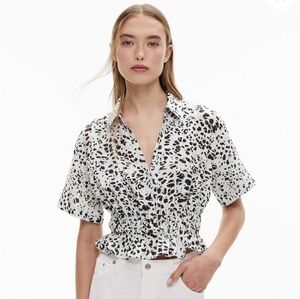 Witchery Gathered Waist Short Sleeve Black & White Ocelot Print Crop Top Size 6